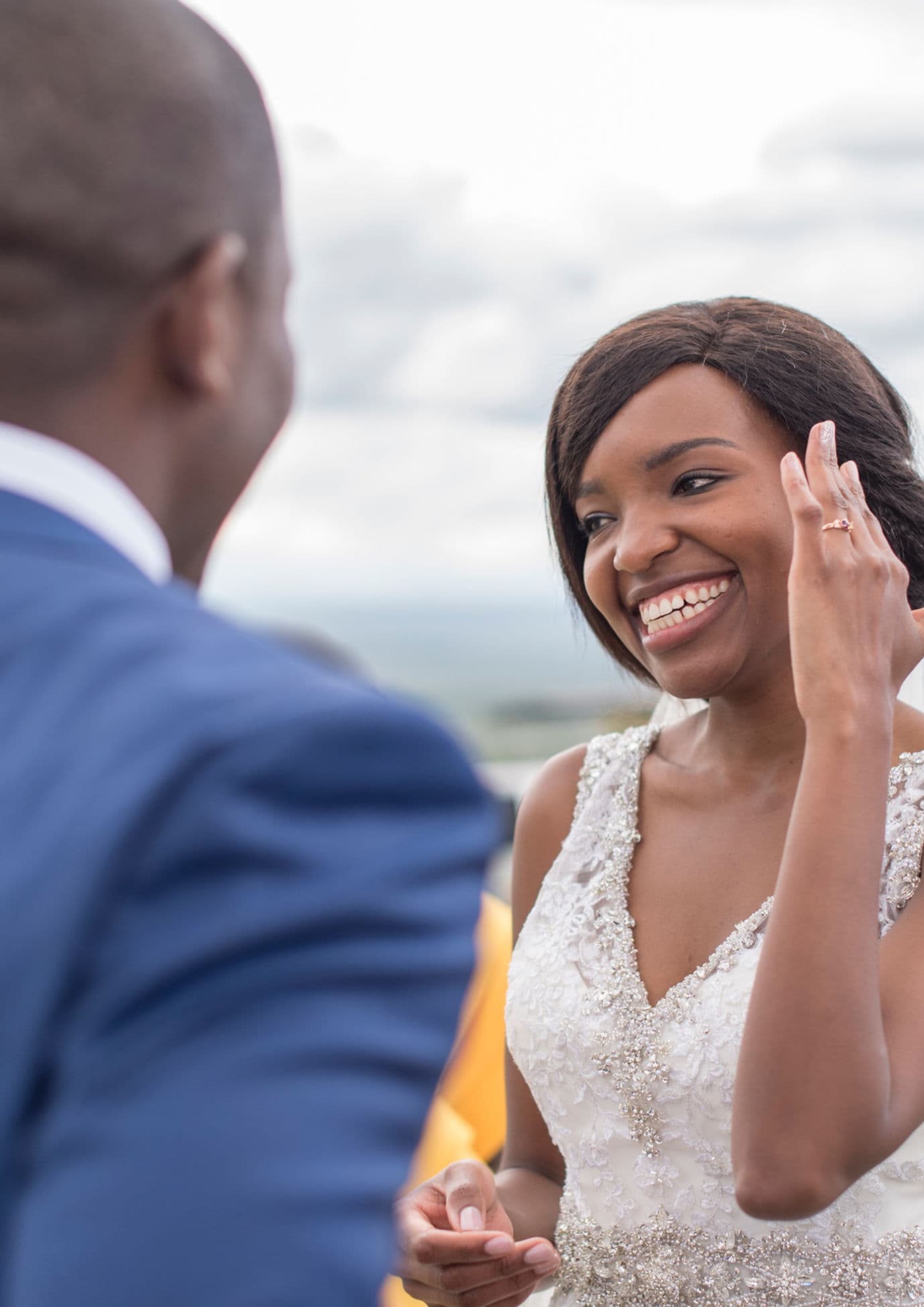 Bride and groom smiling